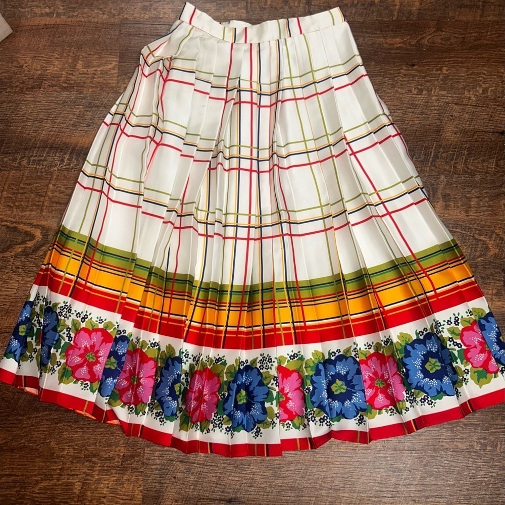 J. Crew Women's Pleated Midi Skirt with Floral Border - Red Yellow Moss Size 00